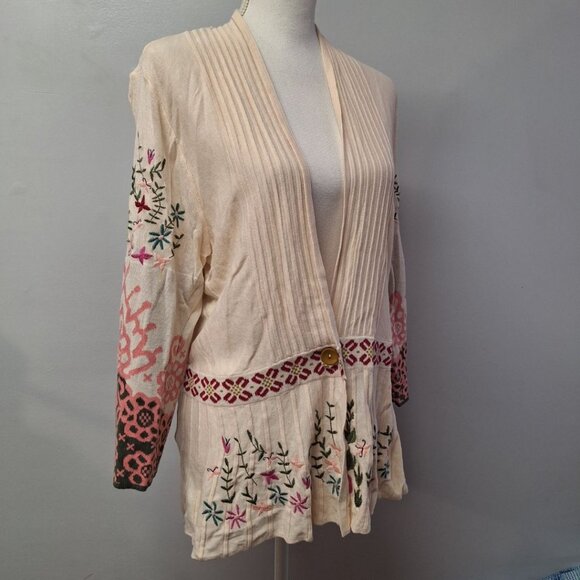 Saharies Embroidered Cardigan Button Pleated Floral‎ Womens Large - Picture 4 of 10